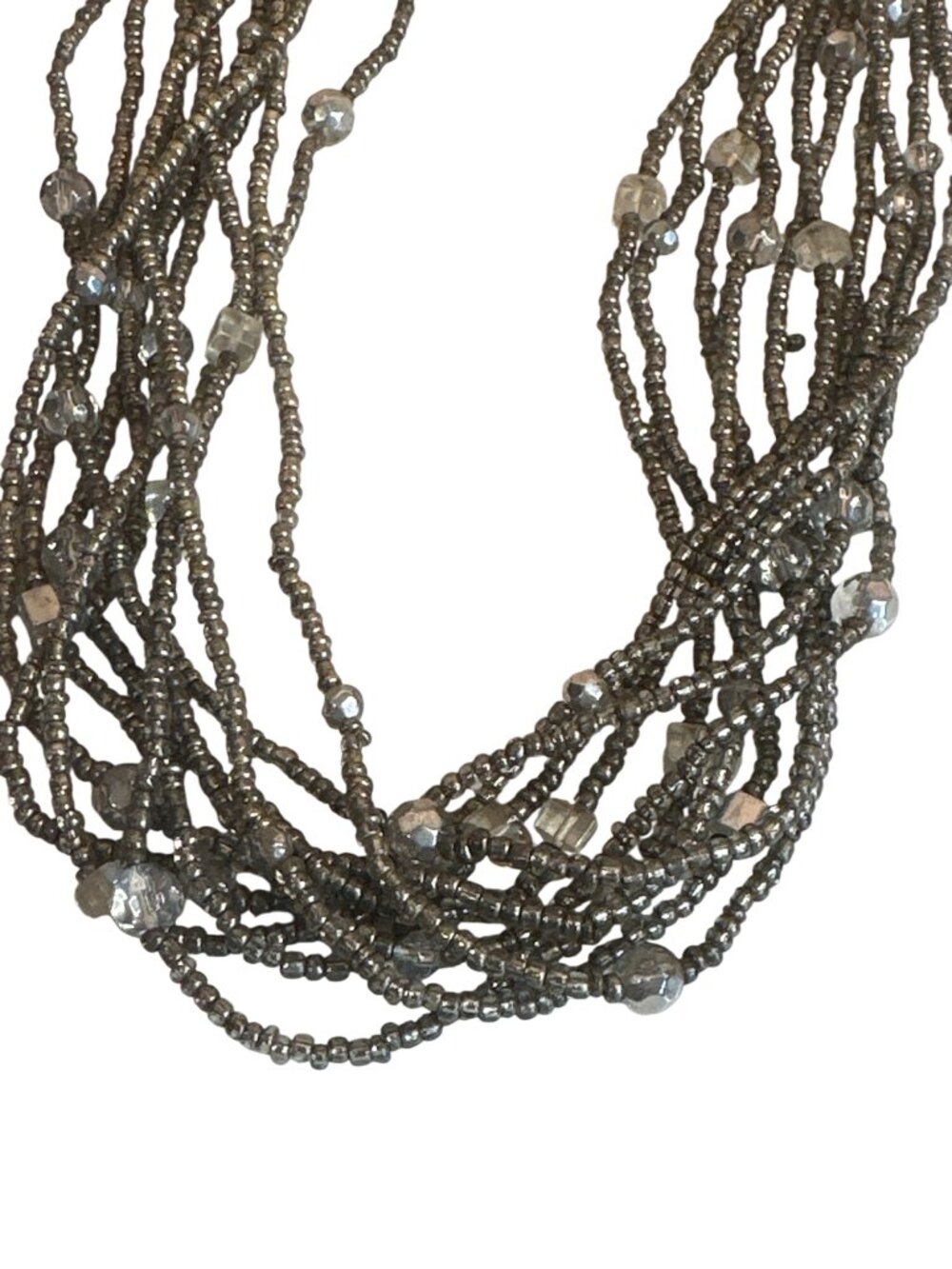 Multi-Strand Silver Seed Beaded Necklace Faceted Accents Career Elegant